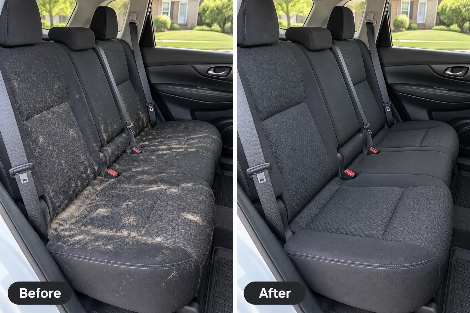 Before and after: a back seat covered in dog hair, then the same seat clean
